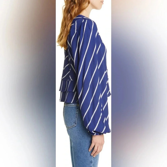 Free People Samifran Ruffle Peplum Cropped Top Blue White Stripes Size S - Picture 4 of 8